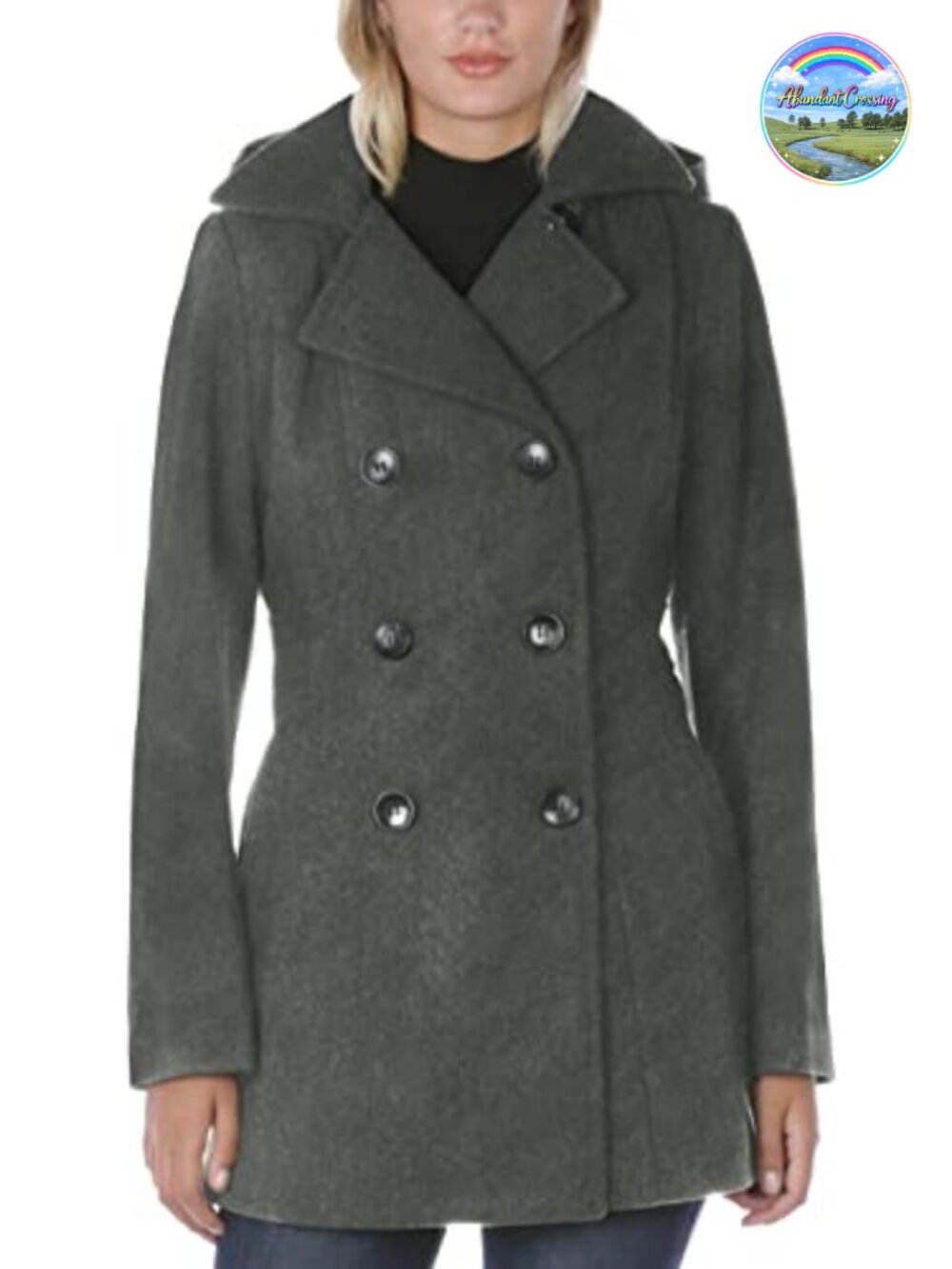Soft Wool Blend Peacoat Double Breasted Removable Hood Mid Length